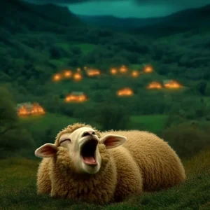 Close-up van een gapend schaap tegen een nachtelijke achtergrond.